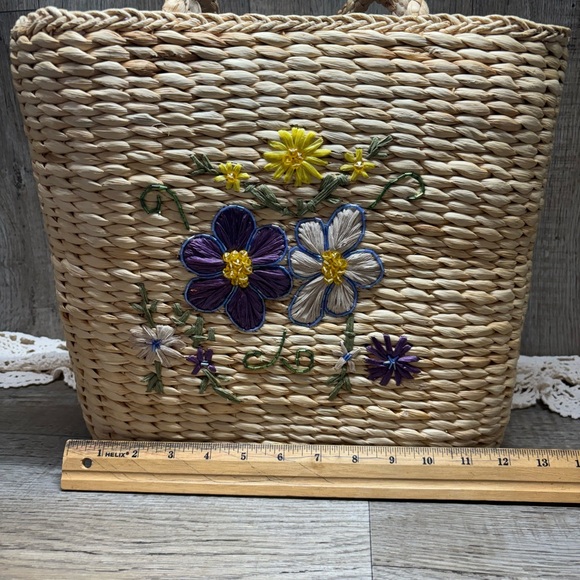 Xhilaration Corn Husk Lavender Lined Tote Bag Light  Purple Yellow Flowers - Picture 2 of 16